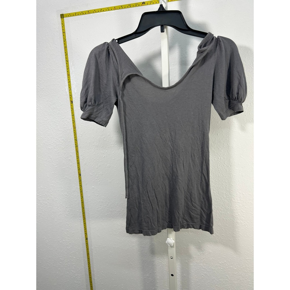 Free People Charcoal Gray Puff Sleeve Scoop Neck Top Short Sleeve Fitted Tee